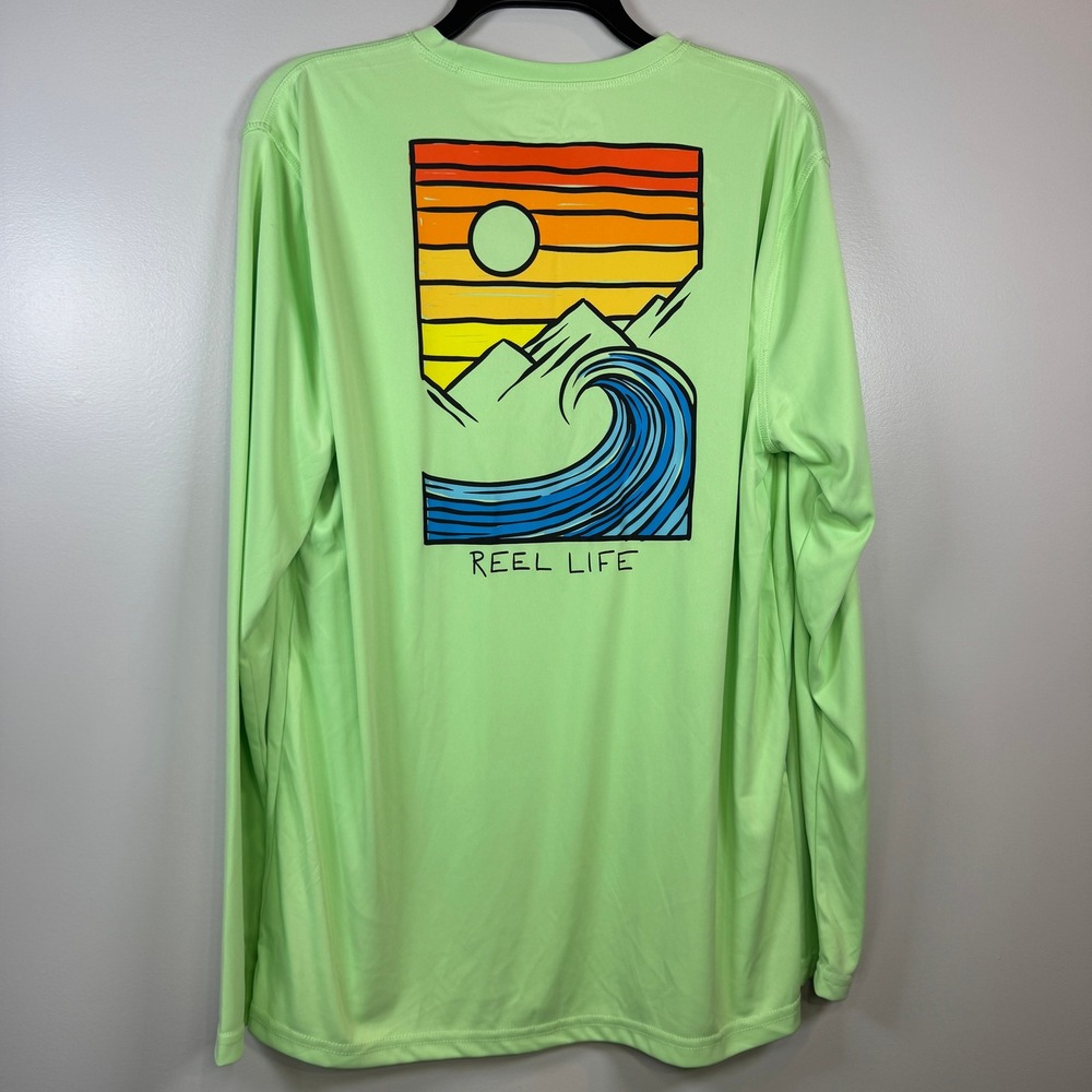 Reel Life Performance Shirt Mens L Long‎ Sleeve Lime Green Wave Graphic Fishing